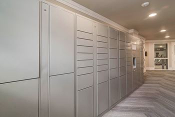 a row of lockers in a basement room